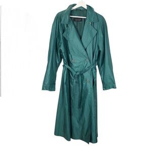 SANYO Carol Cohen PL Trench Coat Belt Green Lightweight Double Breasted Oversize
